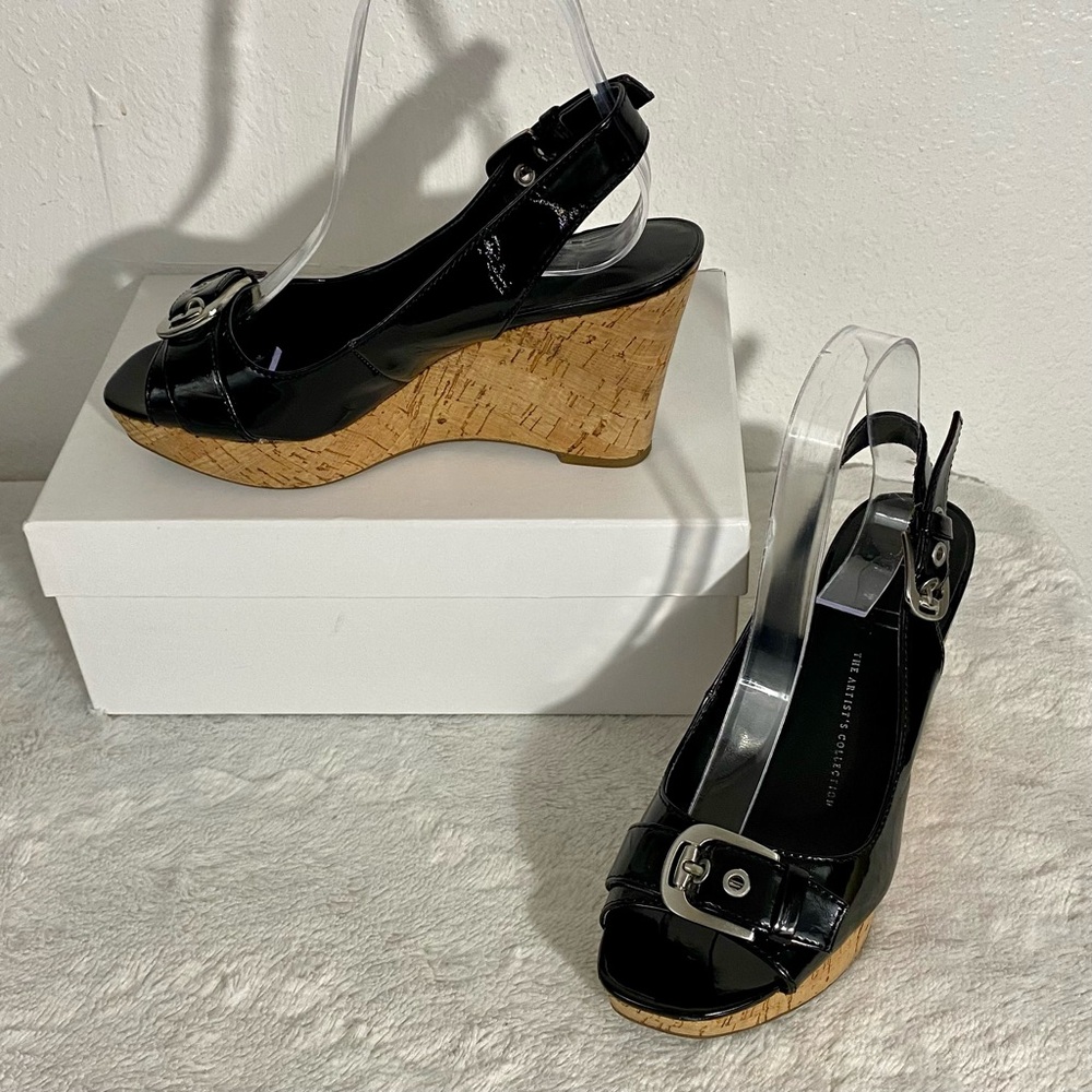 Franco Sarto Carnival Black Patent Faux Leather Cork Wedges Women’s Size 7M